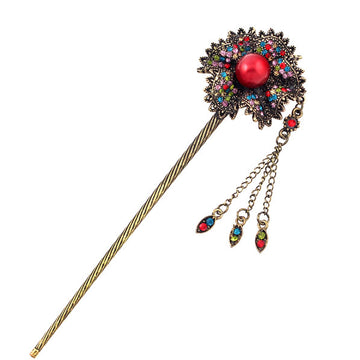 Antique Brass Champagne Rhinestone Flower Hairstick w/ Pearl & Tassels